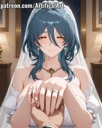 1girls ai_generated artifical_art big_breasts blue_hair bride grey_hair honkai:_star_rail honkai_(series) hoyoverse light-skinned_female light_skin long_hair mature_female mihoyo milf mommy mother natasha_(honkai:_star_rail) perfect_body ponytail tied_hair yellow_eyes