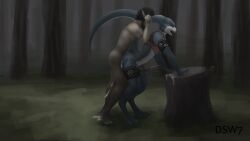 16:9 absurd_res anthro bandai_namco bodily_fluids cum cum_while_penetrated digimon digimon_(species) dsw7 duo flamedramon from_behind_position genital_fluids hi_res human male male/male mammal penetration reach_around sex side_view standing widescreen