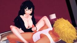 1boy 1girls age_difference arrancon black_hair black_hair_female blonde_hair breasts cleavage half-dressed half_naked half_naked_male handjob milf nipple_slip raven_branwen red_eyes rwby sun_wukong_(rwby) tan_body tank_top