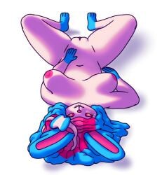 alpha_channel animal_humanoid anthro bite biting_lip blue_feet blue_hair blue_hands breasts clitoris drop_shadow eeveelution exposed feet female generation_6_pokemon genitals hair hi_res humanoid humanoid_hands lagomorph lagomorph_humanoid leporid_humanoid looking_at_viewer looking_back lying mammal mammal_humanoid mochfun2 mochi_(funnyman2) nintendo nipples obscured_face on_back overweight perspective_shot pink_body pink_hair pink_nipples plump_labia pokemon pokemon_(species) pussy ribbons seductive shaded shadow simple_background small_feet small_hands soft_shading solo spread_legs spreading sylveon tan_eyes thick_thighs transparent_background viewed_from_above vulva waist