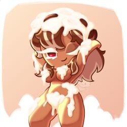 alternate_version_at_source belly breasts censored chocolate_bonbon_cookie commission convenient_censoring cookie_run cookie_run_ovenbreak covering cream curvy curvy_female hips looking_at_viewer nude shampoo showering soap soff_doll tagme thick_thighs thighs watermark wink