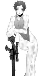 adapted_costume bishonen bruise bruised bruises bulge eriurias73 fear_and_hunger fear_and_hunger:_termina femboy gun leotard levi_(fear_and_hunger) looking_at_viewer male male_only nipple_bulge short_hair soldier solo weapon
