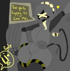 big_breasts dominant_female imminent_sex inverted_nipples japansadface murder_drones n_(murder_drones) nipples nude nude_female offscreen_character pussy robot robot_girl seductive_look tongue_out v_(murder_drones) wide_hips