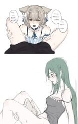 1boy 1femboy 1girl animal_ears blush bow brown_hair cat_boy cat_ears choker crossdressing crossdressing_(mtf) crusch_karsten cunnilingus felix_argyle femboy green_hair hair_bow japanese_text lingerie long_hair meomeo0303 negligee oral re:zero_kara_hajimeru_isekai_seikatsu simple_background sitting speech_bubble spread_legs strap_slip sweat trap trap_on_female underwear white_background yellow_eyes