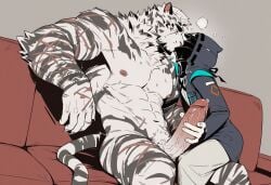 2boys abs ai_generated anthro anthro_on_human arknights armpits balls bara big_balls big_muscles big_nipples big_pecs big_penis daddy ddkk dilf doctor_(arknights) erect_nipples erection felid feline fur gay hair handjob huge_balls huge_cock huge_muscles huge_pecs human human_on_anthro hunk interspecies kissing kissing_while_handjob larger_anthro larger_male male male/male male_focus male_only mountain_(arknights) muscular muscular_anthro muscular_human muscular_male naked naked_male navel nude pantherine pecs penis pubic_hair sex size_difference smaller_human smaller_male striped_fur sweat tiger white_fur yaoi