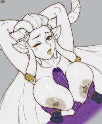 1boy 1girls areolae arms_behind_head big_breasts blue_eyes breasts cum cum_on_face disembodied_hands female female_focus foreskin grabbing_breasts grey_background hi_res horns humanoid light_blush long_hair long_horns lying lying_on_back male nipples nude nude_female one_eye_closed penis pointy_ears purple_skin randomboobguy sidelocks titjob white_body white_hair