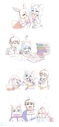blue_hair books brown_fur comic dizzy dizzy_eyes dylan_(gammainks) eating_food eevee eeveelution friends gammainks happy hi_res karaoke kirlia mandy_(gammainks) nintendo pokemon pokemon_(species) shiny_pokemon snow studying thumbs_up valerie_(gammainks)
