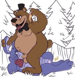 2boys anthro anthro_on_anthro anthro_only anthrofied balls belly blowjob bodily_fluids bonnie_(fnaf) bow_tie bowtie brown_body brown_fur cartoon_bonnie_(f&fot) cartoon_freddy_(f&fot) clothing cum cum_in_mouth cum_inside duo erection five_nights_at_freddy's flaccid food freddy_&_friends:_on_tour freddy_(fnaf) fur gay genital_fluids genitals grabbing_ears half-closed_eyes hat headgear headwear holding_pizza lagomorph leporid looking_down male male/male male_only mammal moobs nipples open_mouth oral overweight penis pizza purple_body purple_fur rabbit saliva saliva_trail smile smiling tbid tongue tongue_out top_hat ursid video_games