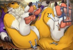 2021 anthro ass bandai_namco big_feet body_size_growth breasts canid canine canis card card_game digimon digimon_(species) digivice featureless_crotch feet female foot_focus fox gabumon gaming group hindpaw kangaroo macro macropod male mammal marsupial micro pawpads paws renamon size_difference size_transformation soles solo_focus surprise surprised_expression teaselbone toes transformation wolf worried