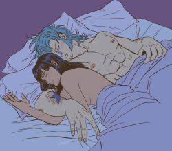 1boy 1girls after_sex black_hair blonde_hair breasts cyborg embrace female franky in_bed long_hair long_sideburns male messy_hair mo003112 morning_after muscular muscular_male nico_robin nude on_bed one_piece pre-timeskip sideboob sideburns sleeping tan_skin tattoo wholesome