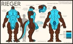 5_fingers abs absurd_res anthro balls big_balls big_penis biped claws color_swatch dinosaur english_text erection fingers genitals glans hi_res huge_balls huge_cock humanoid_genitalia humanoid_penis larathen male model_sheet muscular muscular_anthro muscular_male open_mouth pecs penis prehistoric_species reptile rieger_(larathen) scalie sharp_teeth solo tail teeth text theropod tongue tongue_out tyrannosaurid tyrannosauroid tyrannosaurus tyrannosaurus_rex vein veiny_penis