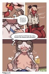 2:3 animal_humanoid areola balls blush bovid bovid_humanoid braces breasts caprine caprine_humanoid dialogue duo eline_(theelgenerate) english_text erection exclamation_point female fingers foreskin front_view genital_piercing genitals hair hair_over_eyes hi_res horn humanoid imp levi_(theelgenerate) male mammal mammal_humanoid medial_ring nipples penis penis_piercing piercing red_body sheep_humanoid sound_effects teeth text theelgenerate uncircumcised