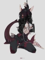 3:4 anthro barely_visible_nipples belly belt black_sclera bodily_fluids bottomwear bound breasts casual_outfit chained chains cleavage clothed clothing crop_top cuff_(restraint) curvy_figure dark_hair denim denim_bottomwear denim_clothing ear_piercing erect_nipples exposed_breasts female fin fin_piercing fish furgonomics furry-specific_piercing genital_fluids genitals grey_clothing hair hale. hands_above_head hi_res highlights_(coloring) hourglass_figure inner_boob jacket jeans kneeling leather leather_clothing leather_jacket leather_topwear looking_at_viewer marine markings medium_breasts messy_hair midriff narrowed_eyes navel nipple_piercing nipples no_underwear non-mammal_breasts one_eye_obstructed orange_eyes pants piercing red_body red_skin restrained restraints rose_(kamikazekit) shark shirt small_waist solo spread_legs spreading string topwear torn_bottomwear torn_clothing torn_crop_top torn_jeans torn_pants torn_topwear vaginal_fluid_string vaginal_fluids white_markings wide_hips wrist_cuffs