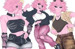 abs annoyed annoyed_expression arm_warmers belly_button belt big_breasts black_sclera blowing_bubblegum boku_no_hero_academia bracelets breasts brown_pants bubblegum camisole cargo_pants collared_jacket crop_top denim denim_shorts dog_tags eyes_half_open eyeshadow goth goth_girl hand_on_hip heart_symbol hi_res holic_fz horns jacket lifting_shirt long_sleeves looking_at_viewer midriff mina_ashido my_hero_academia necklace open_jacket pants pink_hair pink_pants pink_skin pouch puffy_cheeks ripped_pants running_mascara runny_makeup short_hair shorts simple_background smile suggestive suggestive_look suggestive_pose sweater torn_pants white_background yellow_eyes