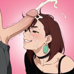 1girls age_difference ai ai_generated ayase_momo big_breasts big_penis black_shirt bra_strap brown_hair busty cheating cheating_female cheating_girlfriend cleavage cum cum_on_face cumshot cumshot_on_face cute dandadan earrings ejaculation envia excessive_cum facial grin grinning happy loose_clothes messy_hair momo_ayase muscular_male netorare ntr off_shoulder older_male plain_background post_blowjob semen smile smiling smirk smirking sperm sucking_penis thick_penis younger_female