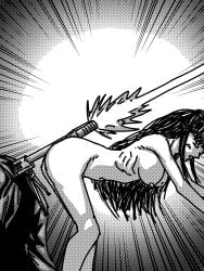 areolae black_and_white black_hair blushing breasts ejaculation gunshot gunshot_ejaculation kamihate long_hair manga_style naked_female osaragi_(sakamoto_days) sakamoto_days self_upload skinny skinny_girl sniper_rifle