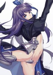 armor armored_boots artist_name blue_eyes boots crotch_plate eyebrows_visible_through_hair fate/extra fate/extra_ccc fate/grand_order fate_(series) female hair_ornament hair_ribbon juliet_sleeves long_hair long_sleeves looking_at_viewer meltryllis puffy_sleeves purple_hair revealing_clothes ribbon simple_background solo tagme white_background you06