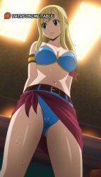 ai_generated armband armlet arms_behind_back ass_visible_through_thighs belt belt_buckle bikini blonde_hair blue_bikini breasts brown_belt brown_eyes buckle cameltoe cleavage closed_mouth collarbone cowboy_shot fairy_tail female from_below frown groin indoors large_breasts long_hair looking_to_the_side lucy_heartfilia meitabuu navel sarong sidelocks solo standing stomach sweat swept_bangs swimsuit thighs