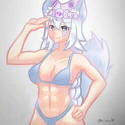 1girls abs artist_name big_breasts blue_eyes female female_only fox_ears fox_girl fox_tail io_(paladins) muscular muscular_female paladins solo swimsuit white_hair zkami0