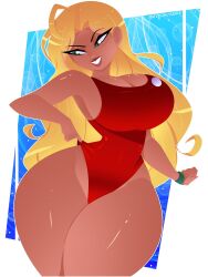 1girls armwear big_breasts blonde_hair bracelet breasts cleavage female female_only green_eyes hair hips huge_breasts lifeguard lifeguard_(lilo_and_stitch) lifeguard_swimsuit lilo_and_stitch lips long_hair red_swimsuit solo solo_female swimsuit swimwear thick_thighs thighs wide_hips xan-gelx(xan)