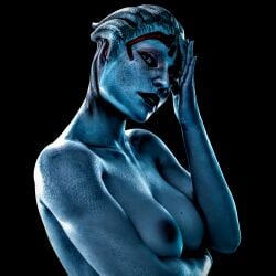 1girls alien asari ashleyblaze_(editor) beautiful black_background blue_skin bust dark_nipples edit edited female forehead_jewel glamour large_breasts major_guardian mass_effect nude pose samara solo third-party_edit