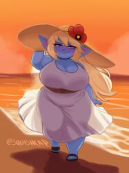 artist_signature beach big_breasts blonde_hair blue_body blush chubby chubby_female hair_down huge_breasts league_of_legends long_hair pink_eyes poppy shortstack silhouette squishcap_(artist) sun_hat sundress sunset thick_thighs wide_hips yordle