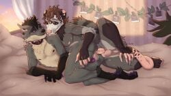 american_opossum anal anal_sex anthro bed bedroom bodily_fluids chastity_cage chastity_device collar cozy duo dxm8 furniture genital_fluids grey_body invalid_tag male male/male mammal marsupial penetration precum procyonid raccoon sex sunset warm_colors warm_lighting
