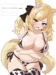 1boy 1girls alternate_costume animal_ear_fluff animal_ears animal_print arknights bikini blonde_hair blue_eyes blush breasts bright_pupils cleavage cow_print cow_print_bikini cow_print_thighhighs cowboy_shot crossed_arms embarrassed female inset large_breasts looking_at_viewer male medium_hair midori10 navel oerba_yun_fang open_mouth print_bikini print_thighhighs request_inset side-tie_bikini_bottom solo standing sweatdrop swimsuit tail thighhighs wavy_mouth whislash_(arknights) white_background white_pupils yellow_tail