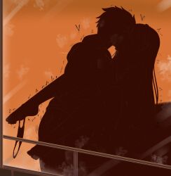1boy emilia_(re:zero) female fuzzlogik head_back heart highres implied_vaginal missionary orange_background panties panties_around_one_leg re:zero_kara_hajimeru_isekai_seikatsu sex silhouette simple_background standing standing_sex straight sweat tongue tongue_out trembling underwear