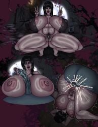 1boy 1girls areolae big_breasts black_hair breasts busty dynamik808 elvira elvira:_mistress_of_the_dark female huge_breasts large_breasts male massive_breasts nipples nude nude_female nude_male paizuri penis png pubic_hair pussy saliva saliva_string sex thick_thighs vaginal_penetration wide_hips
