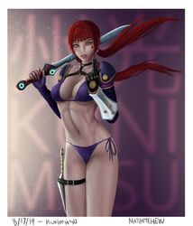 alluring bikini elbow_gloves elbow_pad female female_abs kitsune_mask kunai kunimitsu kunoichi machitehew milf namco red_hair sword tekken tekken_1 tekken_2 tekken_tag_tournament tekken_tag_tournament_2 unmasked voluptuous