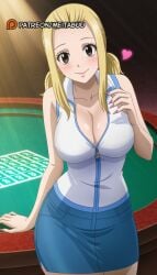 ai_generated bare_shoulders blonde_hair blue_skirt blush breasts brown_eyes cleavage closed_mouth collarbone cowboy_shot fairy_tail female fingernails heart large_breasts long_hair looking_at_viewer lucy_heartfilia meitabuu nail_polish partially_unzipped pencil_skirt pink_nails shirt sidelocks skirt sleeveless sleeveless_shirt smile solo table twintails white_shirt zipper zipper_pull_tab