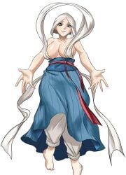 alternate_costume barefoot big_breasts blue_eyes cleavage covered_nipples deity fear_and_hunger full_body goddess headwear korean_clothes looking_at_viewer nilvan smile topless topless_female veil