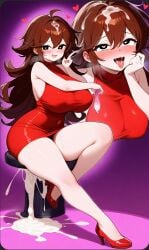 ahe_gao ai_generated big_ass big_breasts brown_hair condom cum cum_filled_condom cum_in_hair cum_in_pussy friday_night_funkin girlfriend_(friday_night_funkin) heart-shaped_pupils heart_eyes heart_symbol red_dress sitting thick_thighs