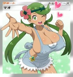 1girls big_breasts breasts dark-skinned_female dark_skin female game_freak green_eyes green_hair hitokiwa_kenchin japanese_text long_hair mallow_(pokemon) nintendo nipples_visible_through_clothing pokemon pokemon_card pokemon_sm solo text wink