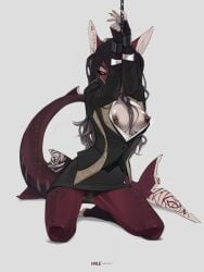 3:4 anthro black_sclera bodily_fluids bottomwear bound breasts button_(fastener) chained chains clothed clothing clothing_aside cuff_(restraint) curvy_figure dark_hair ear_piercing erect_nipples exposed_breasts female fin fin_piercing fish furgonomics furry-specific_piercing genital_fluids genitals grey_clothing hair hair_between_breasts hale. hands_above_head hi_res highlights_(coloring) hourglass_figure inner_thigh kneeling leg_muscles looking_at_viewer marine markings messy_hair narrowed_eyes nipple_piercing nipples no_underwear non-mammal_breasts non-mammal_ears non-mammal_hair non-mammal_nipples office_clothing one_eye_obstructed open_clothing open_topwear orange_eyes piercing red_body red_skin restrained restraints rose_(kamikazekit) shark shirt skirt small_waist solo spread_legs spreading suit suit_jacket topwear topwear_aside upskirt vaginal_fluid_string vaginal_fluids vest vulva white_markings wide_hips wrist_cuffs