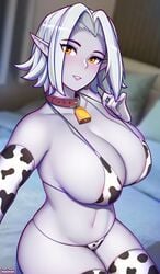 1girls 2d bell_collar big_breasts bikini bikini_bottom bikini_top blue_skin breasts clothed clothed_female collar cow_bikini cow_print elf elf_ears female female_only grey_skin ikkimay large_breasts looking_at_viewer paladins pointy_ears saati_(paladins) solo solo_female thighhighs white_hair wide_hips yellow_eyes