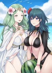 2girls absurd_res akn_646 alternate_costume ass beach bikini black_bikini black_swimsuit blue_eyes breasts byleth_(fire_emblem) byleth_(fire_emblem)_(female) byleth_(summer)_(fire_emblem)_(female) cape choker cleavage cloud clouds cloudy day female female_only fire_emblem fire_emblem:_three_houses fire_emblem_heroes flower flowers food fruit gold_necklace green_eyes green_hair hair_flower hair_ornament hair_ornaments hibiscus highres holding holding_fruit large_breasts long_hair looking_at_another matching_hair/eyes midriff multiple_girls navel necklace nintendo ocean official_alternate_costume open_clothes open_mouth outdoors pink_flower pink_lips red_flower rhea_(fire_emblem) rhea_(summer)_(fire_emblem) river shimizu_akina sky smile smiling_at_another swimsuit teal_hair water watermelon white_bikini white_swimsuit