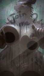 absurd_res anthro areola ashwalker big_breasts breasts collaris digital_media_(artwork) eye_scar facial_scar female genitals hi_res huge_breasts looking_at_viewer missing_eye nipples non-mammal_breasts nude scales scar seeba-ra'teth shower simple_background smile solo text thick_thighs wide_hips