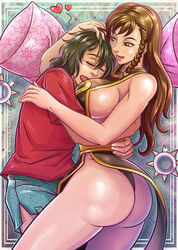 1boy 1girls alternate_costume alternate_hairstyle ass bare_legs bare_thighs big_ass big_breasts big_butt black_dress breasts brown_hair chun-li chun-li_(battle_ouffit_sfv) cuddling head_on_breasts hugging large_ass larger_female legs long_hair love pillow revealing_clothes romance sano-br shorter_male smile street_fighter thighs wholesome wrist_cuffs