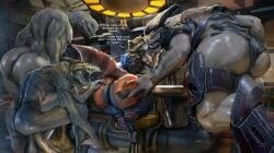 absurd_res alien anthro anus ass big_butt bodily_fluids butt_grab clothed clothing drunk english_text feet group guardians_of_the_galaxy halo_(series) hand_on_butt hi_res hohohonse kig-yar male male/male mammal marvel microsoft muscular muscular_anthro muscular_male nude oiled_body partially_clothed paws procyonid raccoon rocket_raccoon sangheili scalie size_difference substance_intoxication sweat text thick_thighs wide_hips xbox_game_studios