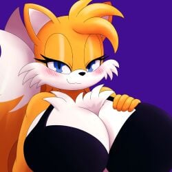 anthro big_breasts black_bra blue_eyes bra breasts commission commission_art headshot_portrait huge_breasts mechspazer mobian_(species) rule_63 sega solo solo_anthro solo_female sonic_(series) tails tails_the_fox tailsko white_fur yellow_fur