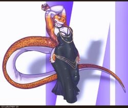 anthro black_clothing black_dress bulge clothing countershade_tail countershading detailed_bulge dinosaur dress genital_outline hi_res larathen larathen_(character) letterbox male meme meme_clothing penis_outline prehistoric_species reptile scalie solo tail theropod tyrannosaurid tyrannosauroid tyrannosaurus tyrannosaurus_rex