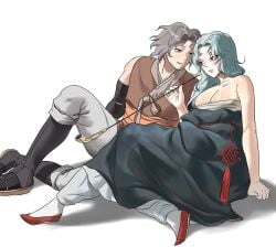 1boy 1girls alternate_costume big_breasts cahara canon_couple celeste_(fear_and_hunger) cleavage fear_and_hunger female full_body husband_and_wife kiseru korean_clothes long_hair male pale-skinned_female pale_skin pipe sarashi sitting smoking smoking_pipe white_hair