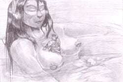 anthro bath bathing breasts closed_eyes domestic_cat duo felid feline felis female graphite_(artwork) hair jeri_kleinlowe macro male male/female mammal micro mouse murid murine nipples nude rodent sleeping sponge traditional_media_(artwork) water