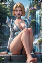 1girls ai_generated armor artist_name bare_legs barefoot blonde_hair blue_eyes blue_lips blue_nails breasts choker cleavage collarbone day earrings emma_frost emma_frost_(marvel_rivals) feet female hellfire_club hi_res jewelry large_breasts legs leotard long_sleeves looking_at_viewer makeup marvel marvel_comics marvel_rivals nail_polish outdoors patreon_username r34arts short_hair shoulder_armor sitting soles solo thighs toenails toes water waterfall wet white_choker white_queen