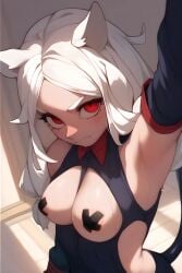 1girls ai_generated armpits arms_up breasts cerberus_(helltaker) cleavage clothing demon demon_girl detached_sleeves dog_ears dog_girl female female_only helltaker long_hair red_eyes solo tape white_hair