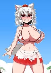 1girls animal_ears animal_humanoid animal_tail areola_slip beach bikini blush clenched_teeth curvy embarrassed female formicid momiji_inubashiri outdoors red_eyes sharp_teeth solo tagme tokin_hat touhou white_hair wolf_ears wolf_girl wolf_tail