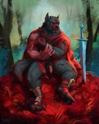 anthro balls biceps blood bodily_fluids canid canine canis cape cape_only clothing degloved digital_media_(artwork) feet fingers flaccid foreskin forest fur genitals gore hi_res humanoid_genitalia humanoid_penis male mammal melee_weapon mostly_nude muscular muscular_anthro muscular_male nude outside pawpads penis plant pubes rozgi scar sitting solo spread_legs spreading sword tail tight_foreskin toes tree warrior weapon wolf wounded
