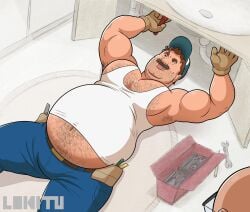 1boy 2boys baseball_cap bear_(body_type) belly belly_focus big_belly brown_hair facial_hair fat_belly glasses gloves hairy hairy_chest lokitu looking_down_at_another male male_only obese obese_male overweight overweight_male round_belly solo solo_male story_in_description tank_top tool_box toolbox wrench